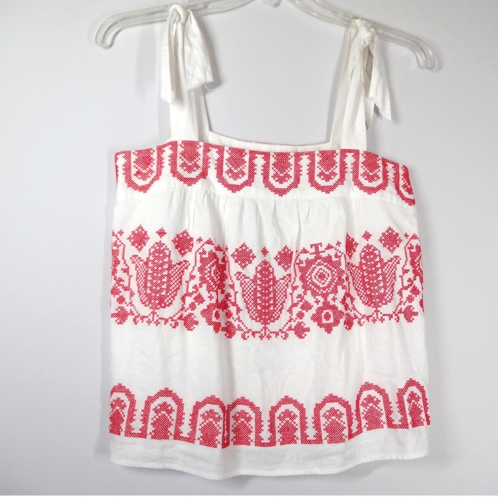 Milly Embroidered Linen Top Womens Small White Red Boho Folk Cami Festival - Picture 2 of 9